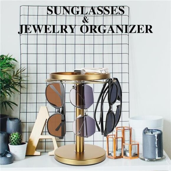 360 Rotating Sunglass Organizer Stand Gold Metal Holder with Jewelry Tray - Picture 3 of 7